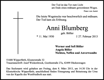 Anzeige von Anni Blumberg von Kölner Stadt-Anzeiger / Kölnische Rundschau / Express