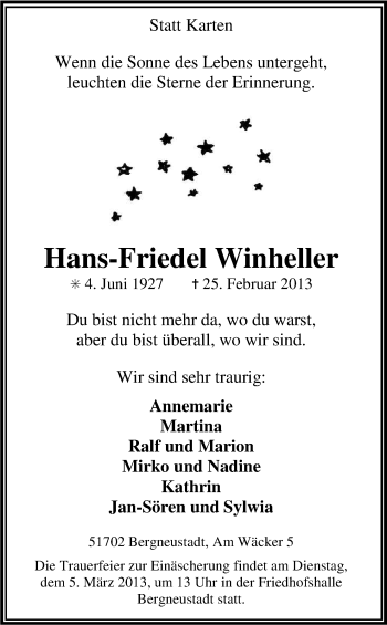 Anzeige von Hans-Friedel Winheller von Kölner Stadt-Anzeiger / Kölnische Rundschau / Express