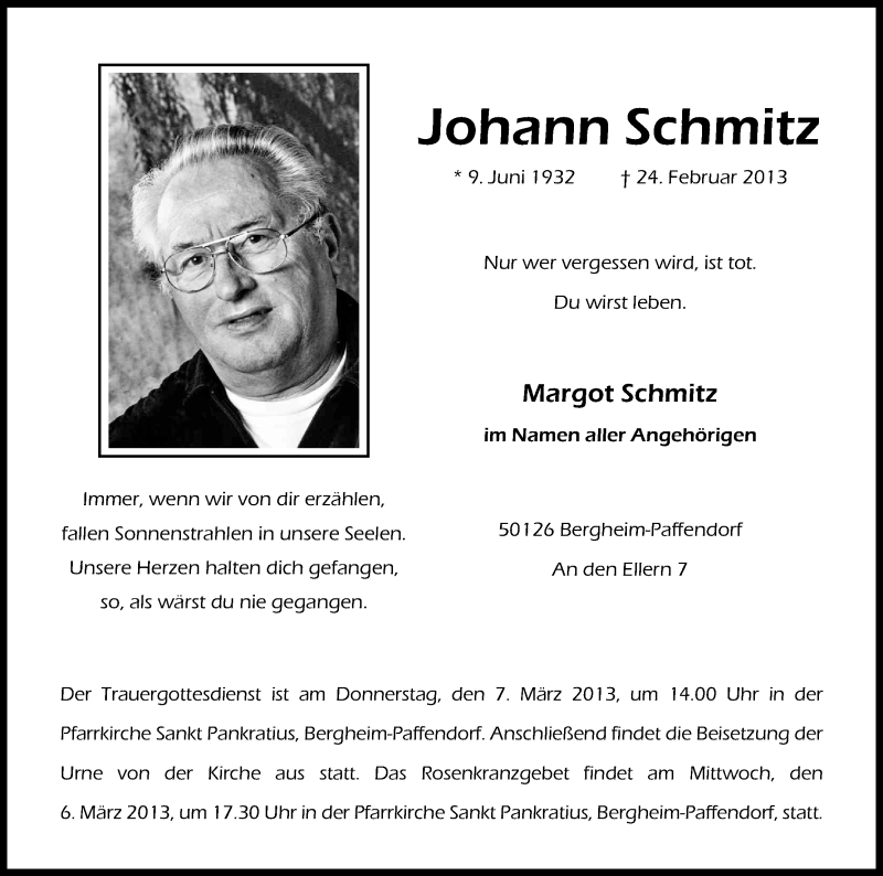  Traueranzeige für Johann Schmitz vom 02.03.2013 aus Kölner Stadt-Anzeiger / Kölnische Rundschau / Express