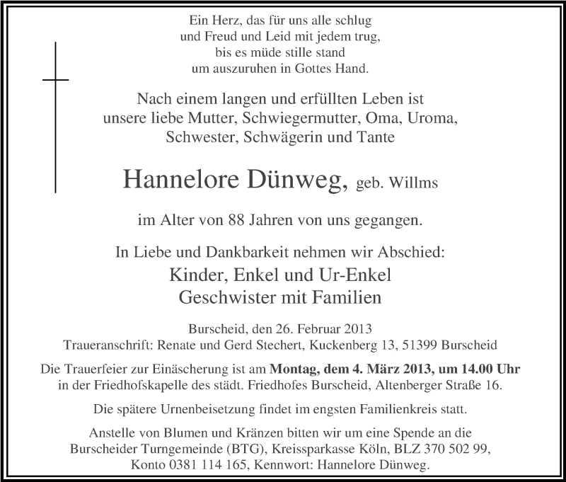  Traueranzeige für Hannelore Dünweg vom 01.03.2013 aus Kölner Stadt-Anzeiger / Kölnische Rundschau / Express
