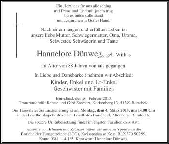 Anzeige von Hannelore Dünweg von Kölner Stadt-Anzeiger / Kölnische Rundschau / Express