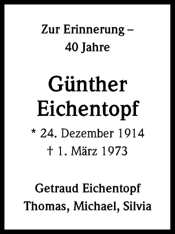 Anzeige von Günther Eichentopf von Kölner Stadt-Anzeiger / Kölnische Rundschau / Express