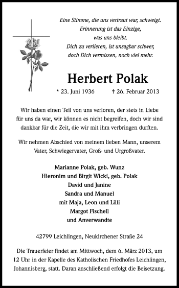 Anzeige von Herbert Polak von Kölner Stadt-Anzeiger / Kölnische Rundschau / Express