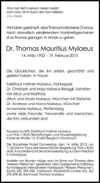 Anzeige von Thomas Mauritius Mylaeus von Kölner Stadt-Anzeiger / Kölnische Rundschau / Express