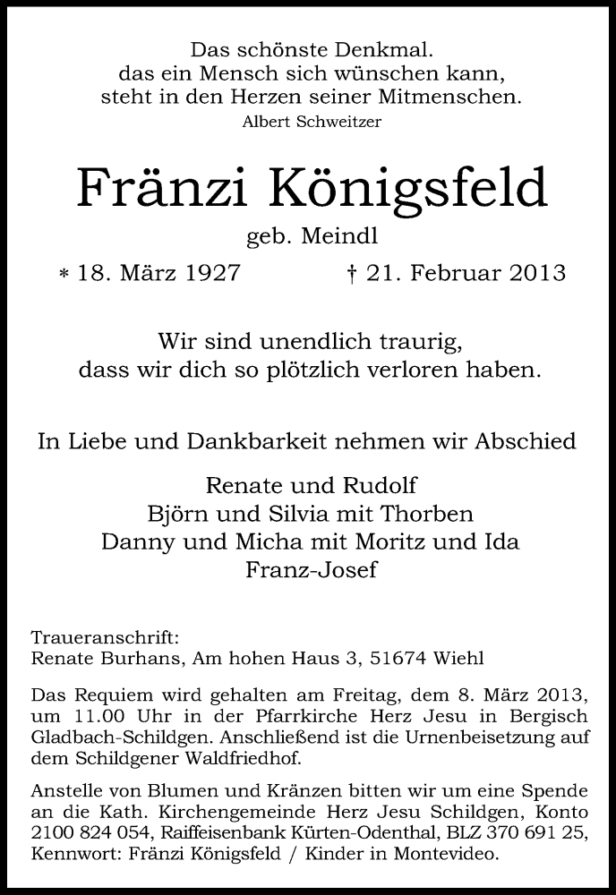  Traueranzeige für Fränzi Königsfeld vom 02.03.2013 aus Kölner Stadt-Anzeiger / Kölnische Rundschau / Express