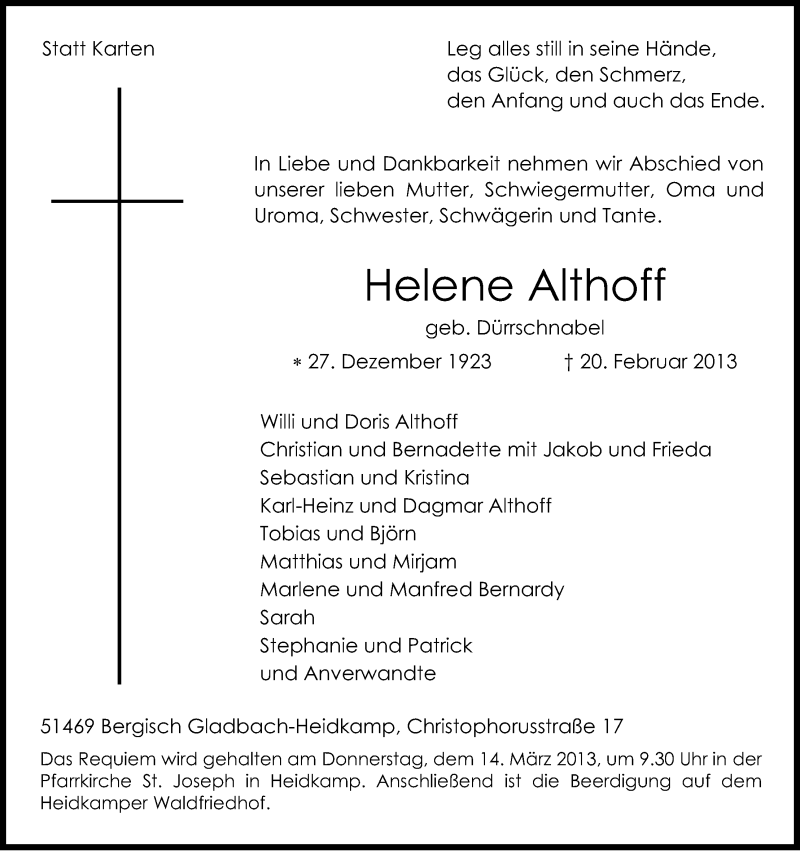  Traueranzeige für Helene Althoff vom 04.03.2013 aus Kölner Stadt-Anzeiger / Kölnische Rundschau / Express