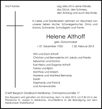 Anzeige von Helene Althoff von Kölner Stadt-Anzeiger / Kölnische Rundschau / Express