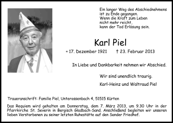 Anzeige von Karl Piel von Kölner Stadt-Anzeiger / Kölnische Rundschau / Express