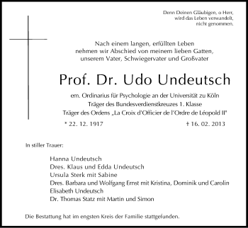 Anzeige von Udo Undeutsch von Kölner Stadt-Anzeiger / Kölnische Rundschau / Express