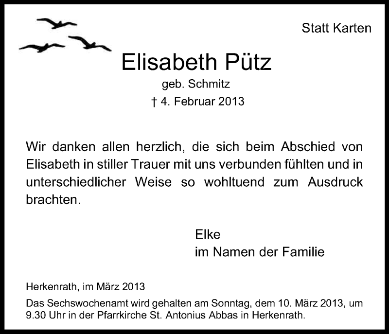  Traueranzeige für Elisabeth Pütz vom 02.03.2013 aus Kölner Stadt-Anzeiger / Kölnische Rundschau / Express