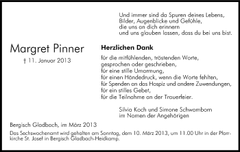 Anzeige von Margret Pinner von Kölner Stadt-Anzeiger / Kölnische Rundschau / Express