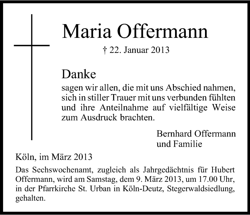  Traueranzeige für Maria Offermann vom 02.03.2013 aus Kölner Stadt-Anzeiger / Kölnische Rundschau / Express