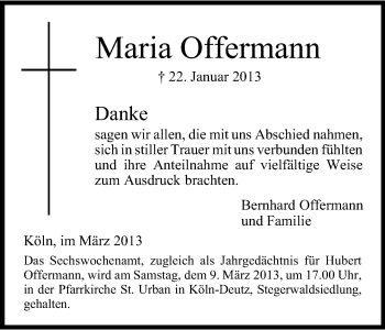 Anzeige von Maria Offermann von Kölner Stadt-Anzeiger / Kölnische Rundschau / Express