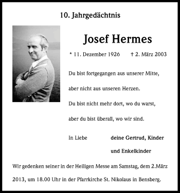 Anzeige von Josef Hermes von Kölner Stadt-Anzeiger / Kölnische Rundschau / Express