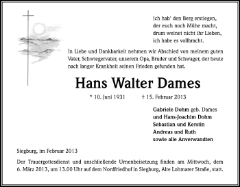Anzeige von Hans Walter Dames von Kölner Stadt-Anzeiger / Kölnische Rundschau / Express