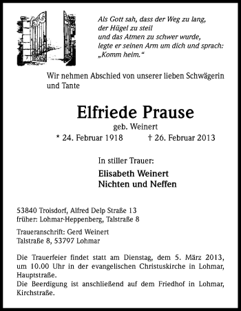 Anzeige von Elfriede Prause von Kölner Stadt-Anzeiger / Kölnische Rundschau / Express