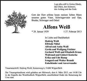 Anzeige von Alfons Weiß von Kölner Stadt-Anzeiger / Kölnische Rundschau / Express