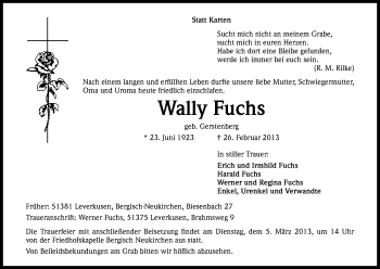 Anzeige von Wally Fuchs von Kölner Stadt-Anzeiger / Kölnische Rundschau / Express