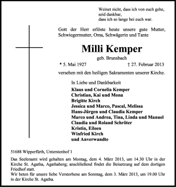 Anzeige von Milli Kemper von Kölner Stadt-Anzeiger / Kölnische Rundschau / Express