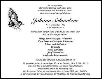 Anzeige von Johann Schmelzer von Kölner Stadt-Anzeiger / Kölnische Rundschau / Express