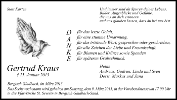 Anzeige von Gertrud Kraus von Kölner Stadt-Anzeiger / Kölnische Rundschau / Express