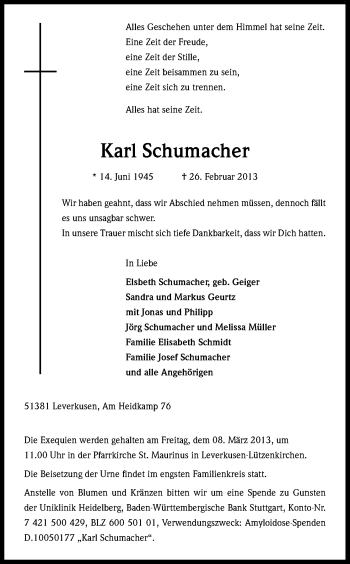 Anzeige von Karl Schumacher von Kölner Stadt-Anzeiger / Kölnische Rundschau / Express