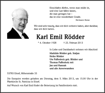 Anzeige von Karl Emil Rödder von Kölner Stadt-Anzeiger / Kölnische Rundschau / Express