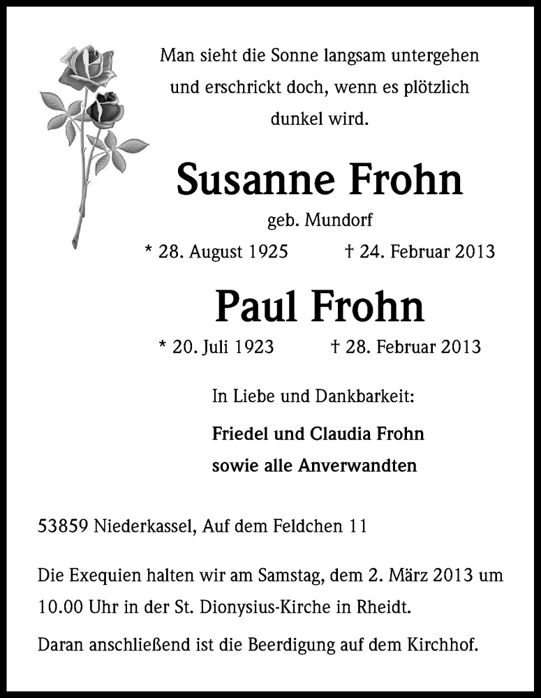  Traueranzeige für Susanne Frohn vom 01.03.2013 aus Kölner Stadt-Anzeiger / Kölnische Rundschau / Express