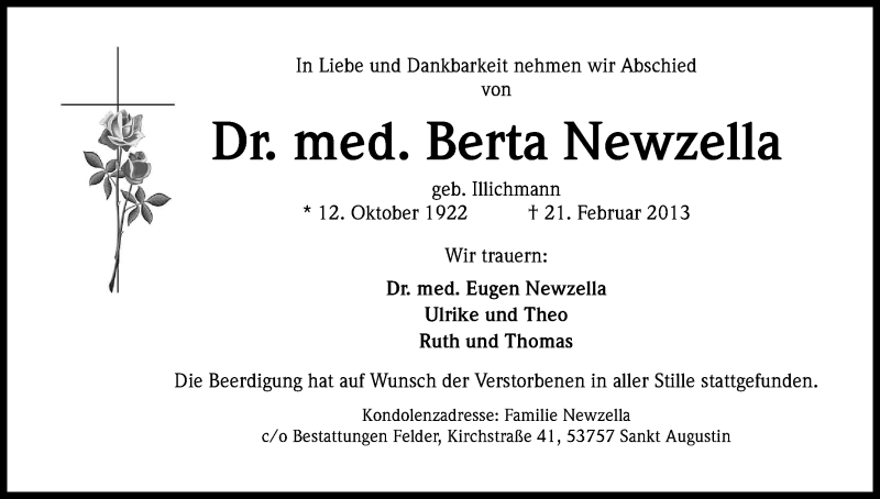  Traueranzeige für Berta Newzella vom 06.03.2013 aus Kölner Stadt-Anzeiger / Kölnische Rundschau / Express