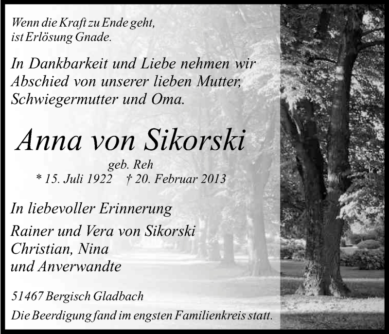  Traueranzeige für Anna von Sikorski vom 02.03.2013 aus Kölner Stadt-Anzeiger / Kölnische Rundschau / Express