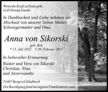 Anzeige von Anna von Sikorski von Kölner Stadt-Anzeiger / Kölnische Rundschau / Express
