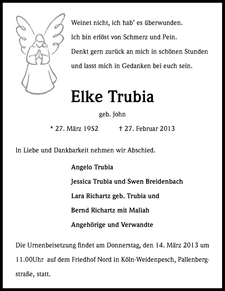  Traueranzeige für Elke Trubia vom 09.03.2013 aus Kölner Stadt-Anzeiger / Kölnische Rundschau / Express