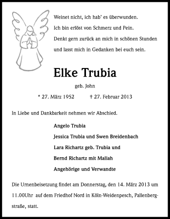 Anzeige von Elke Trubia von Kölner Stadt-Anzeiger / Kölnische Rundschau / Express