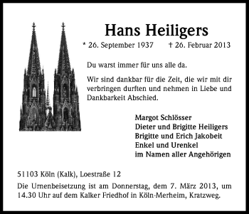 Anzeige von Hans Heiligers von Kölner Stadt-Anzeiger / Kölnische Rundschau / Express