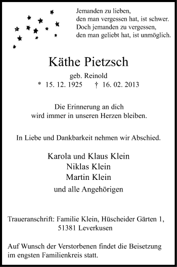 Anzeige von Käthe Pietzsch von Kölner Stadt-Anzeiger / Kölnische Rundschau / Express