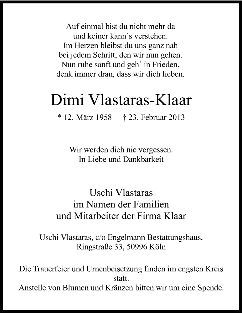  Traueranzeige für Dimi Vlastaras-Klaar vom 02.03.2013 aus Kölner Stadt-Anzeiger / Kölnische Rundschau / Express