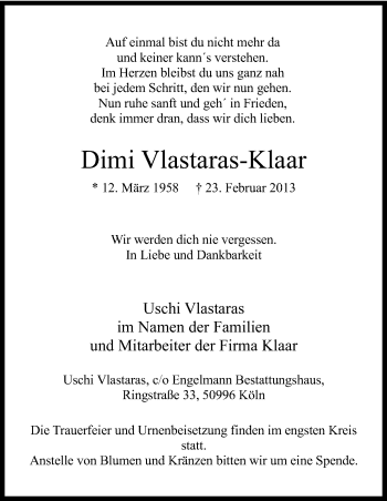 Anzeige von Dimi Vlastaras-Klaar von Kölner Stadt-Anzeiger / Kölnische Rundschau / Express