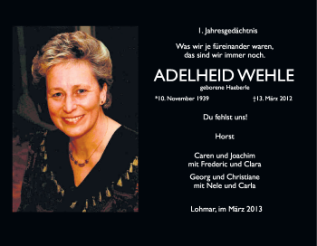 Anzeige von Adelheid Wehle von Kölner Stadt-Anzeiger / Kölnische Rundschau / Express
