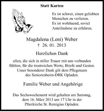 Anzeige von Magdalena Weber von Kölner Stadt-Anzeiger / Kölnische Rundschau / Express