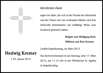 Anzeige von Hedwig Kremer von Kölner Stadt-Anzeiger / Kölnische Rundschau / Express