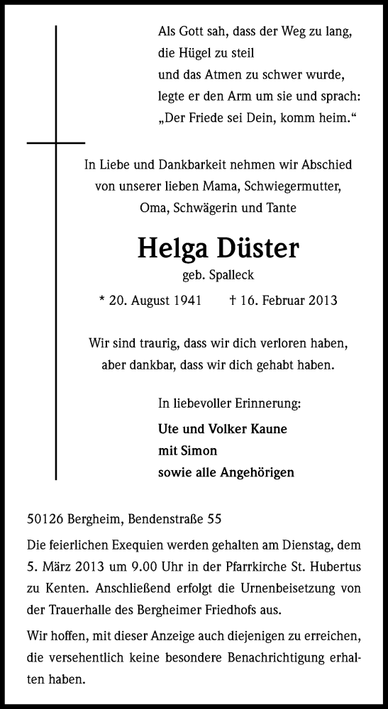  Traueranzeige für Helga Düster vom 02.03.2013 aus Kölner Stadt-Anzeiger / Kölnische Rundschau / Express