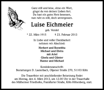 Anzeige von Luise Eichmeier von Kölner Stadt-Anzeiger / Kölnische Rundschau / Express