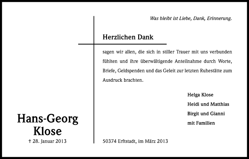 Traueranzeige für Hans-Georg Klose vom 02.03.2013 aus Kölner Stadt-Anzeiger / Kölnische Rundschau / Express