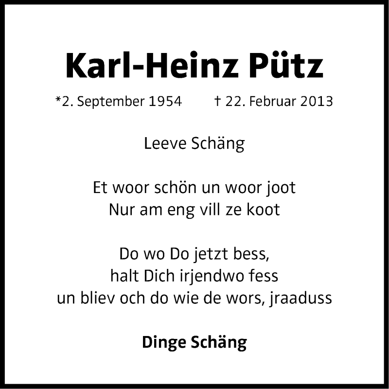  Traueranzeige für Karl-Heinz Pütz vom 02.03.2013 aus Kölner Stadt-Anzeiger / Kölnische Rundschau / Express