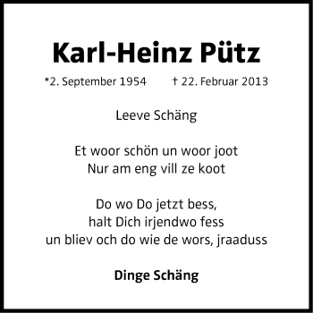 Anzeige von Karl-Heinz Pütz von Kölner Stadt-Anzeiger / Kölnische Rundschau / Express