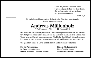 Anzeige von Andreas Müllenholz von Kölner Stadt-Anzeiger / Kölnische Rundschau / Express