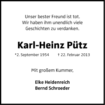 Anzeige von Karl-Heinz Pütz von Kölner Stadt-Anzeiger / Kölnische Rundschau / Express