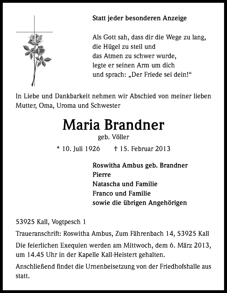  Traueranzeige für Maria Brandner vom 01.03.2013 aus Kölner Stadt-Anzeiger / Kölnische Rundschau / Express