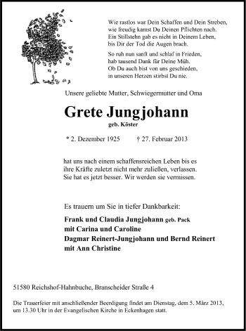 Anzeige von Grete Jungjohann von Kölner Stadt-Anzeiger / Kölnische Rundschau / Express