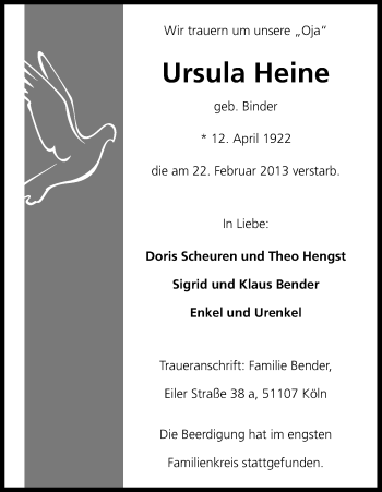 Anzeige von Ursula Heine von Kölner Stadt-Anzeiger / Kölnische Rundschau / Express